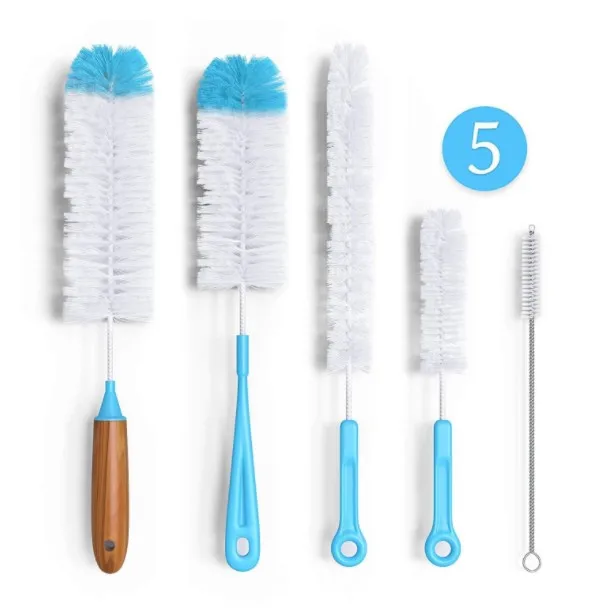 

Amazon Hot selling Bottle brush cleaner in 5 pieces Long water bottle and straw cleaning brush kitchen line scrub set, White+blue