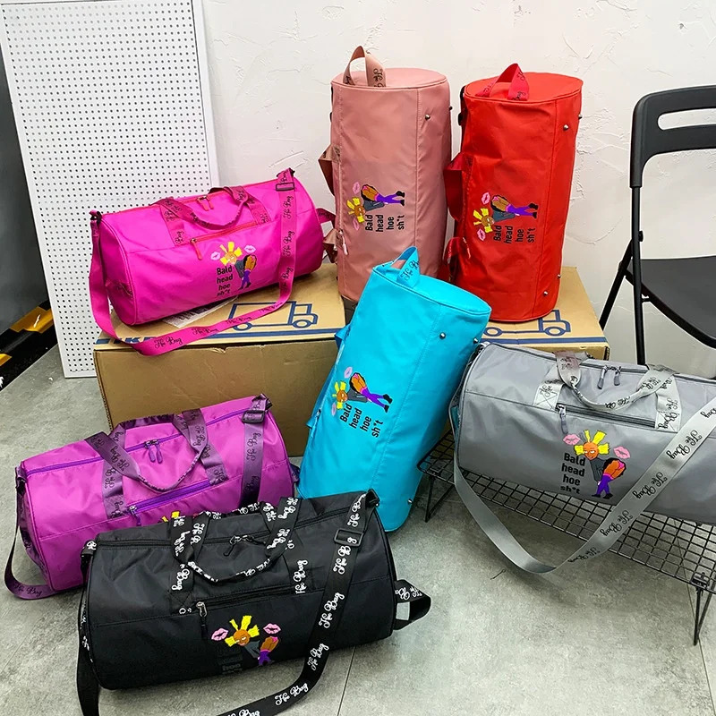 

Custom Logo Oem Printing Slogan Cartoon Letter Logo Rolling Round Shape Colorful Overnight Durable Sport Gym Duffel Travel Bag
