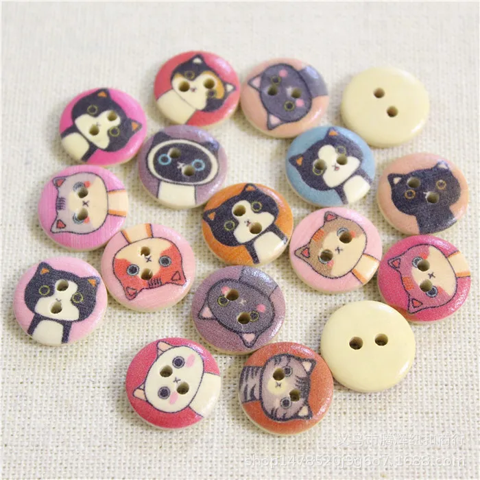 

lovely 15mm 2 hole round shape cat pattern printed natural wood buttons for kids sweater