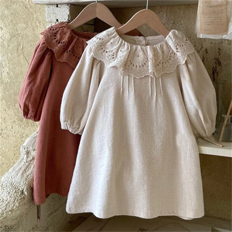 

P201056 New baby girl children's Girls Spring Summer Cotton Linen lace Lotus Leaf Lapel Princess Dress skirt, As photos