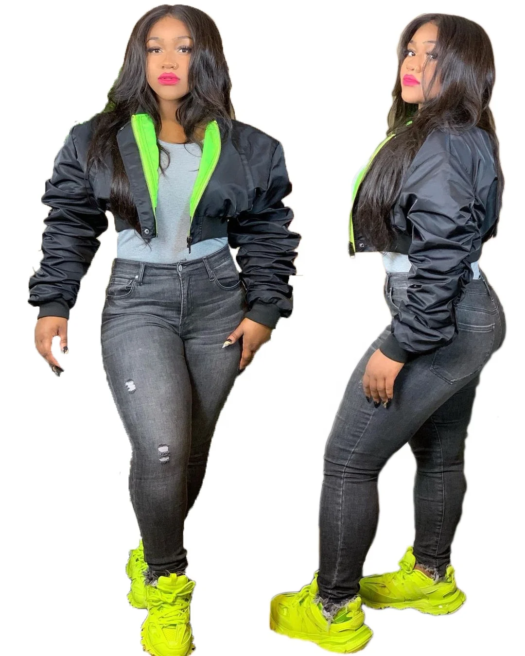 

B63395A Winter fashion new long sleeve cardigan bubble sleeve warm casual down jacket