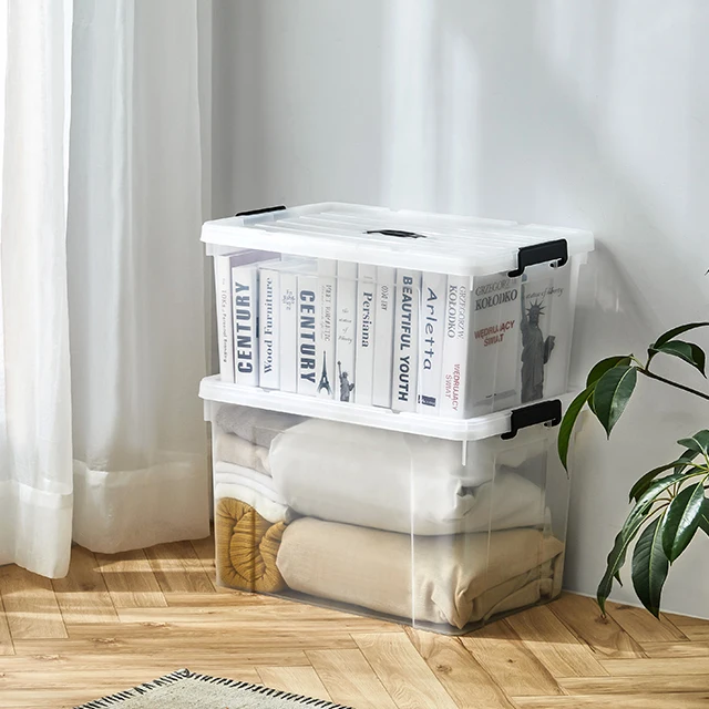 

Large capacity big size box plastic storage bins transparent 90L with tote clothes toys home useful