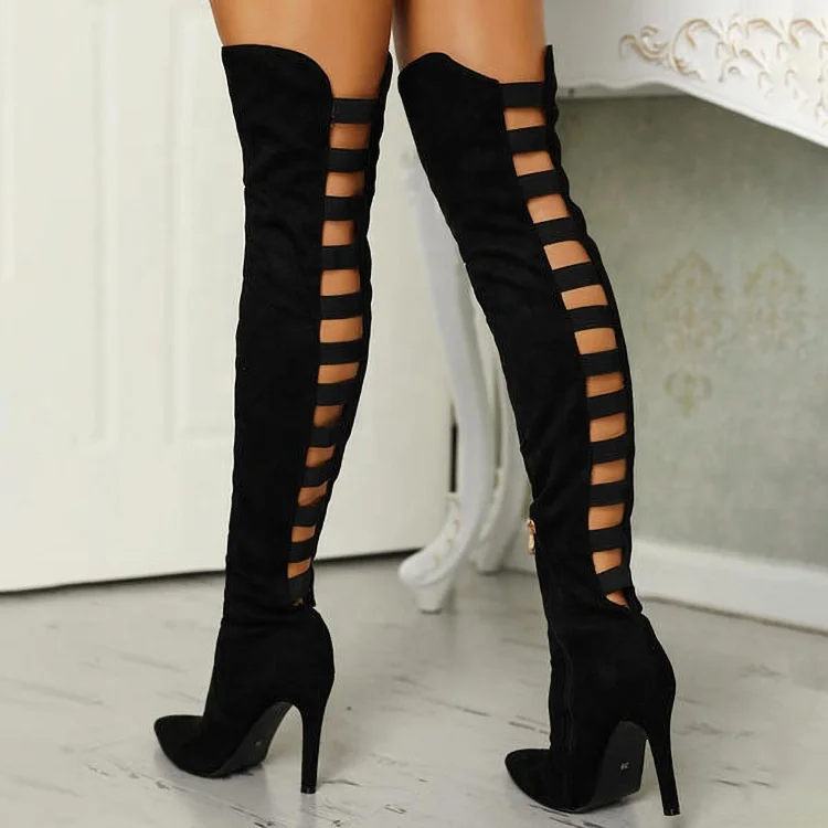 

2021 Fashion Women Back Ladder Cutout Knee high Stiletto Boots Ladies Pointed Toe High Heel Dress Boots