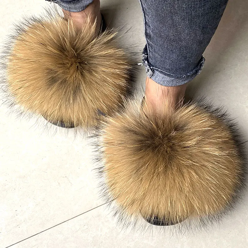 

2021 new slides sets real racoon wholesale Real Fur slide fox fur indoor women's slippers big fur slides, Customized color