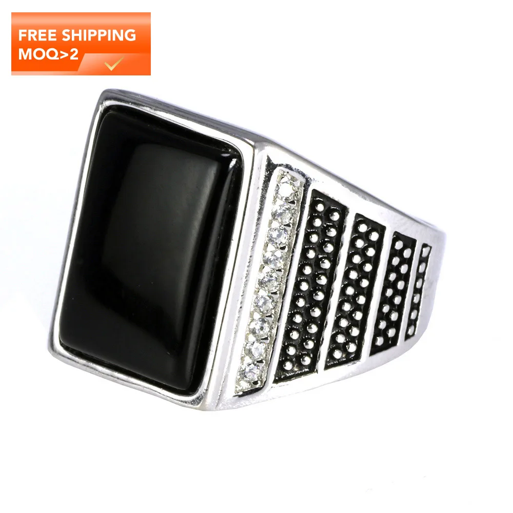 

925 Sterling Silver Mens Ring Italian Natural Black Stone Turkey Ring For Gentlemen Micro Zircon Paved Turkish Jewelry
