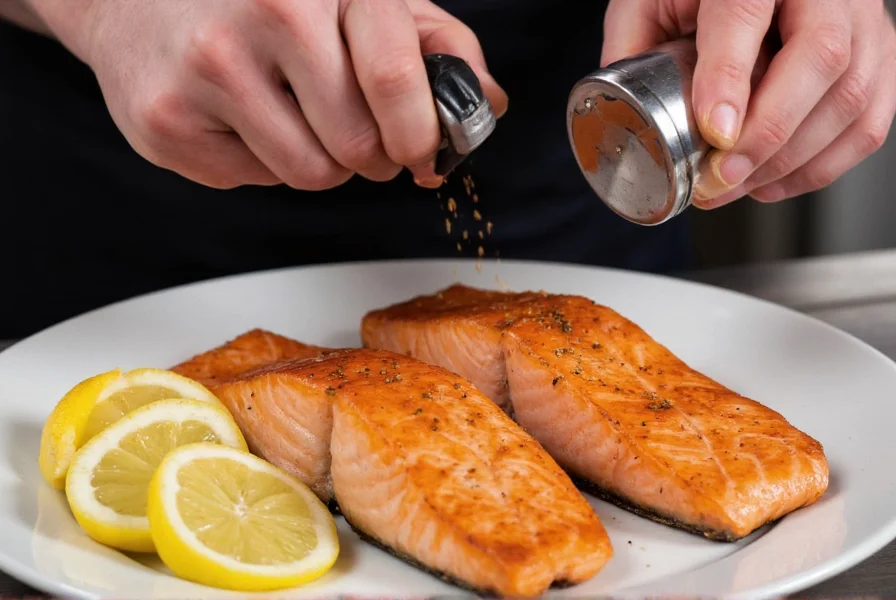 Chef using a lemon pepper sipper to season grilled salmon with lemon slices on the side