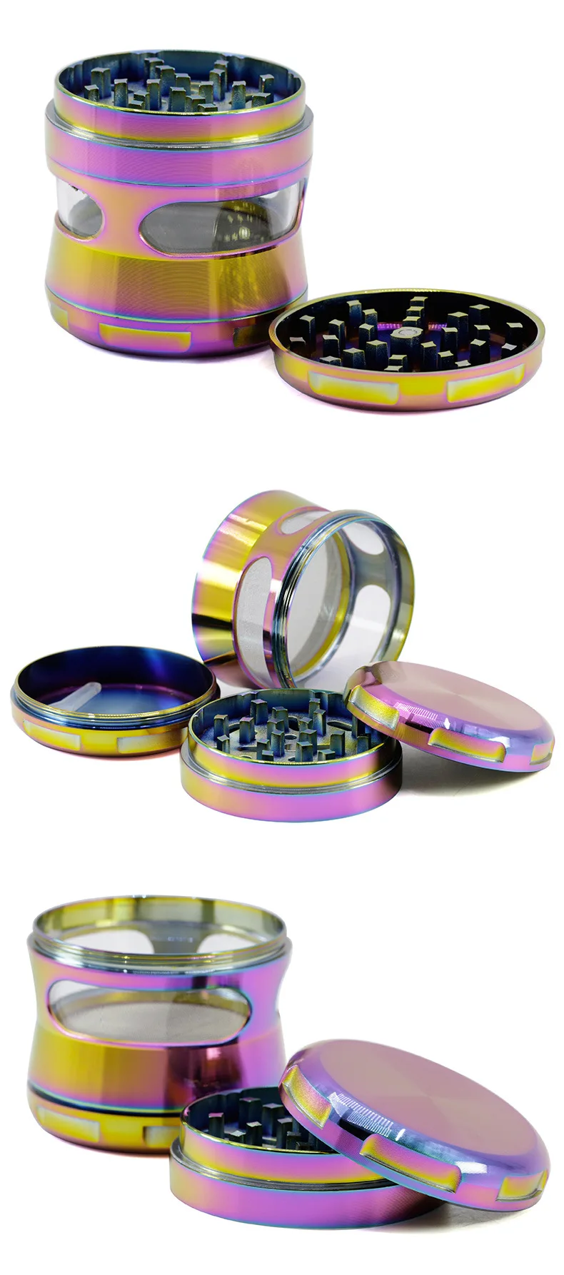 iceblue 4 layers diameters 63mm rainbow color zinc alloy circular arc chamferins bar slender waist windows herb grinder