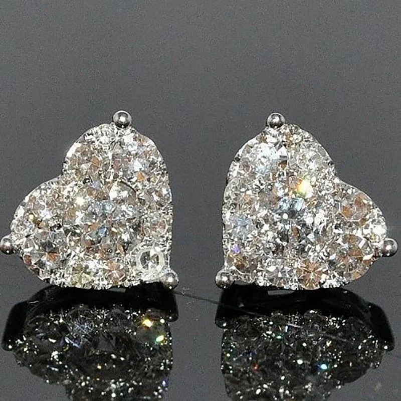 

Stud Earrings Wholesale Inlaid Rhinestone Piercing Ears Prong Setting Heart Feature Shiny Cubic Zirconia Alloy Silver Plated