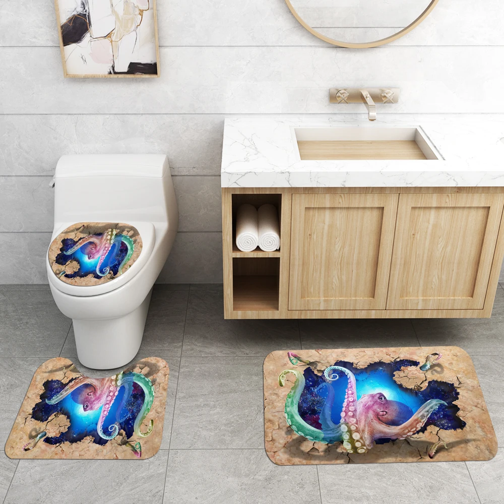 octopus waterproof polyester fabric 4 piece bathroom rug mat and shower curtain sets