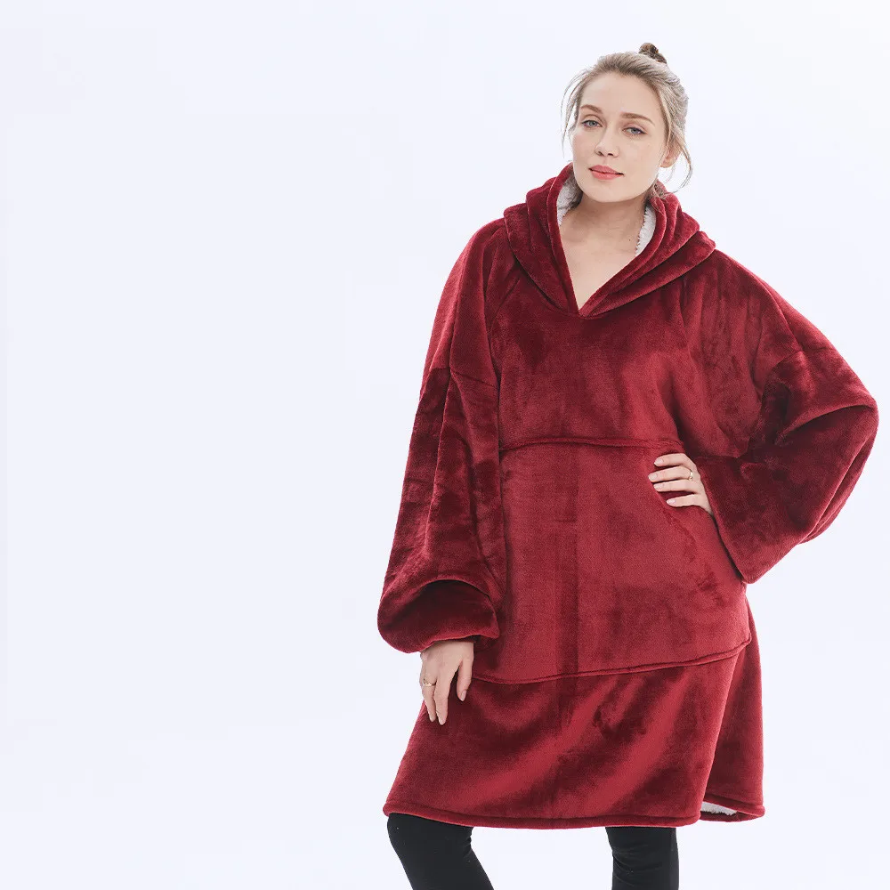 

LvCong fashion double medium length style lazy blanket pullover loose fitting hoodies flannel oversized hoodie blanket