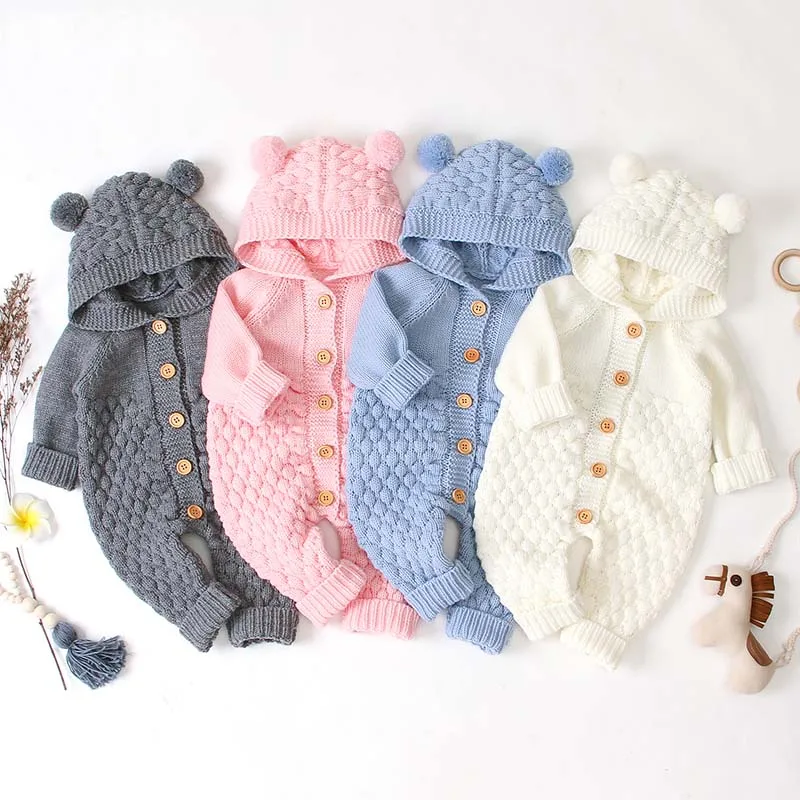 

High quality boutique clothing hooded design knitted winter clothes girl baby boys' rompers, Pink,blue,beige,grey