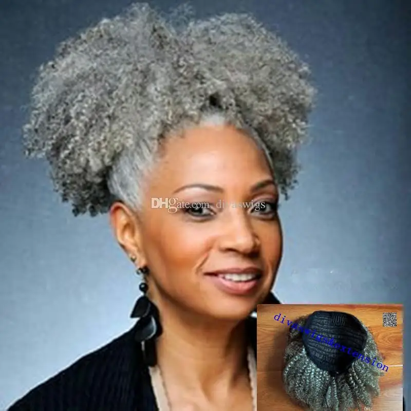 

100% Real hair grey human hair ponytail for black women salt and pepper natural highlights two tone mixed 120g