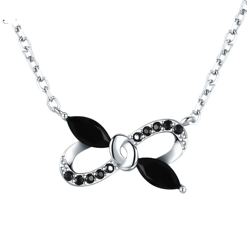 

[BLACK AWN] Bow-knot 925 Sterling Silver Necklace for Women Elegant Necklaces Pendants Black Spinel Jewelry Girl's Gift K039