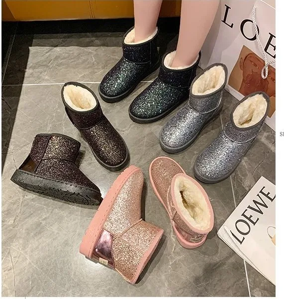 

Wholesale Fashion Ladies Sheepskin Shoes Women Winter Snow Boots Fur Boots for women, Green, silver, purple, pink