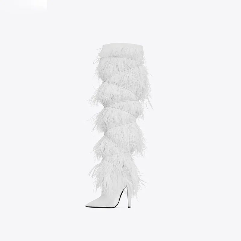 

Fashion Ostrich Feather Knee High Women Boot Pointy Cross Straps Tassel Side Zipper Suede Boot Runway Lady Long Booties, Black blue white
