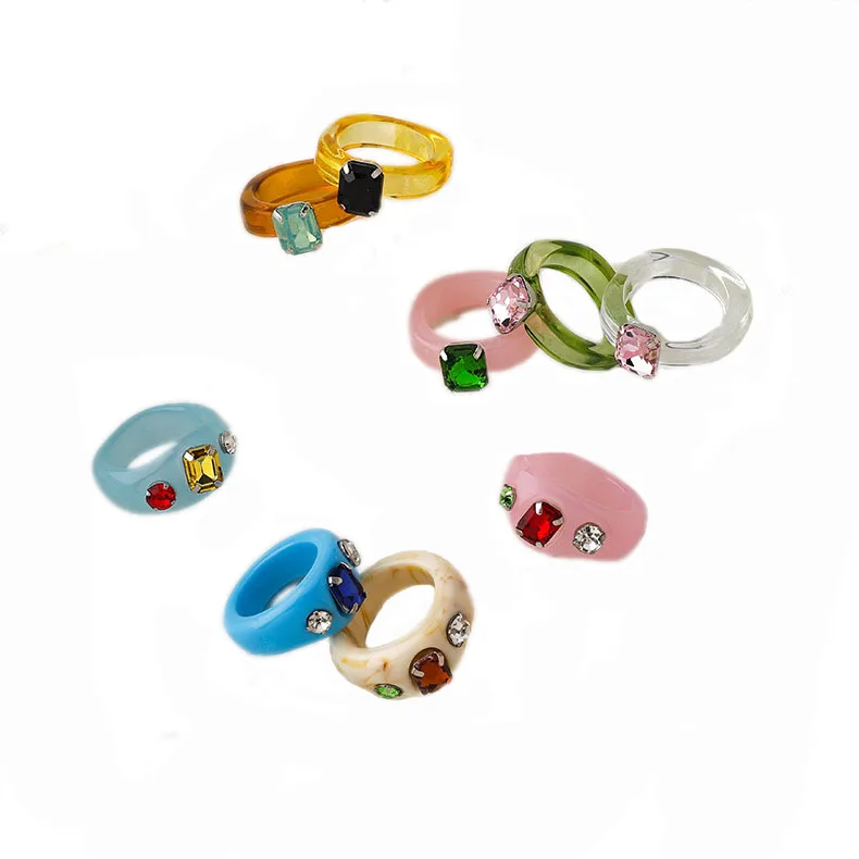 

New Transparent Resin Acrylic Ring Rhinestone Colourful Geometric Square Round Rings for Women Jewelry, As picture