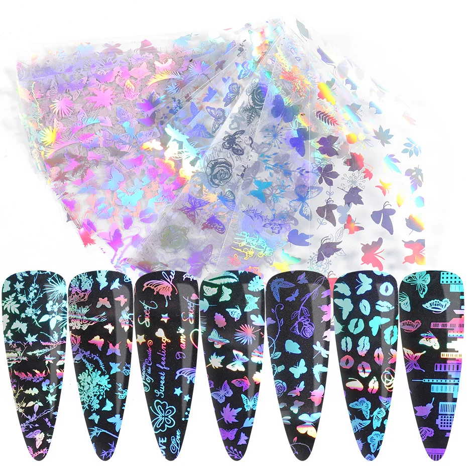 

Hot Sale Amazon 2021 Butterfly Laser Nail Foil Transfer Stickers Nail Art Decoration Decals 10pcs Holographic Nails Foil Roll