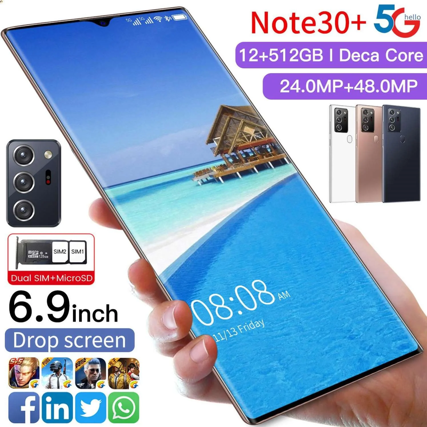 

2021 New Wholesales S21U 6.9 inch Mobile Phones 8+256GB Dual card support T card Mobile Phone 32+64MP Camera Smartphone
