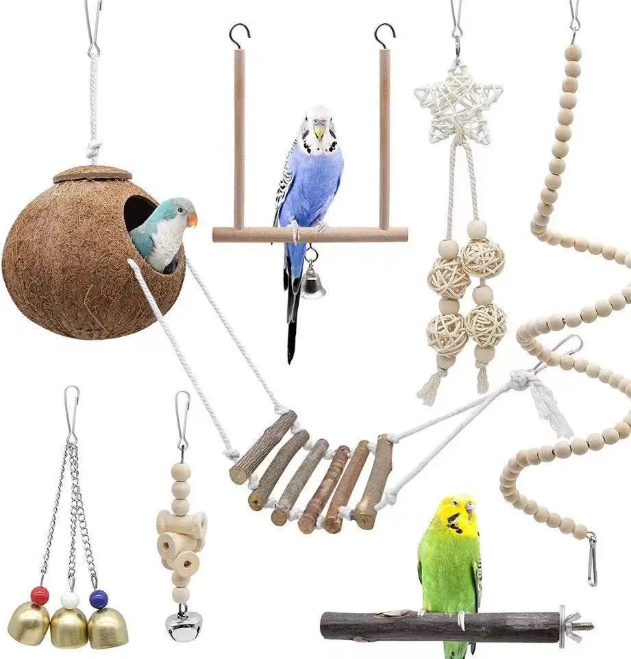 

Exquisite 7pcs Set Parrot Toy Multifunction And Interesting Coconut Bird Toy Changeable Parrot Supplies, Photo color