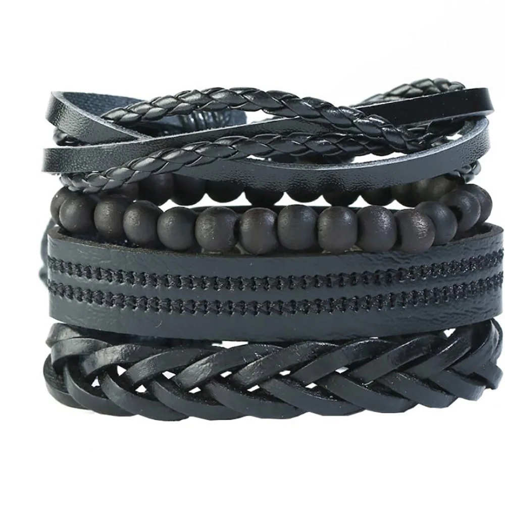 

4 Pieces Retro Hand Woven Beaded Bracelet Set Punk Adjustable DIY Cowhide Handmade Rope Cool Hip Hop Jewelry Rock Bangle