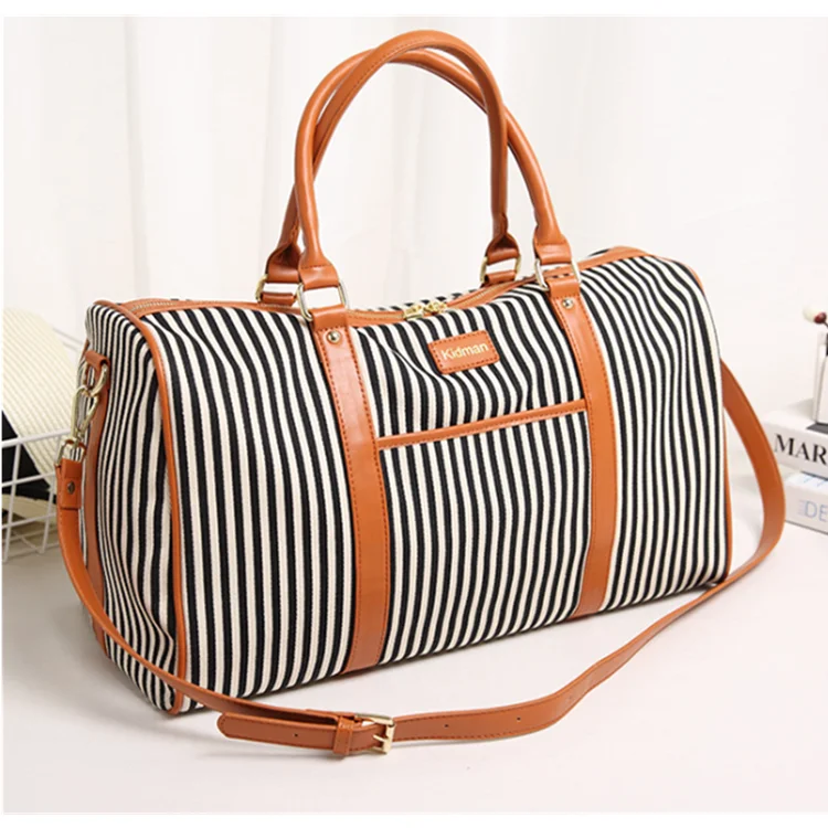 

Large Capacity Stripe Women Ladies Weekend Canvas Luggage Duffle Tote Shoulder Travel Bag, Black, blue, brown, beige