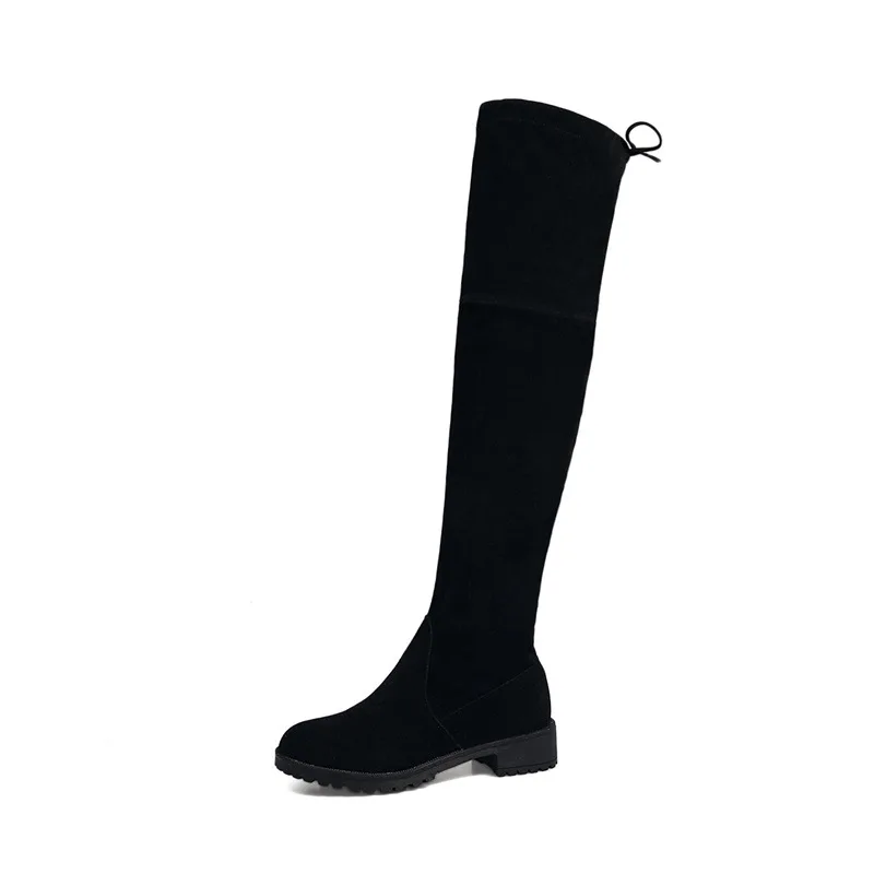 

Amazon AliExpress Hot Sale Simple Ladies Boots Black Square Heel Round Toe With Cotton Warm Over The Knee Women Boots Shoes