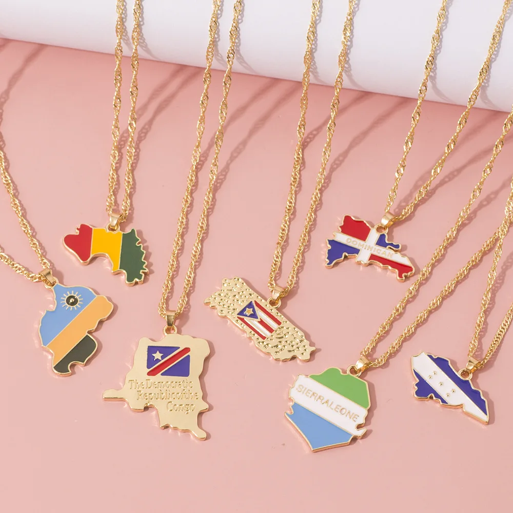 

Man Liberia Haiti Jamaica Ghana Guinea Nigeria Alloy Pendant Chain Jewelry New Fashion Country Map Flag Necklace for Woman, Gold, silver
