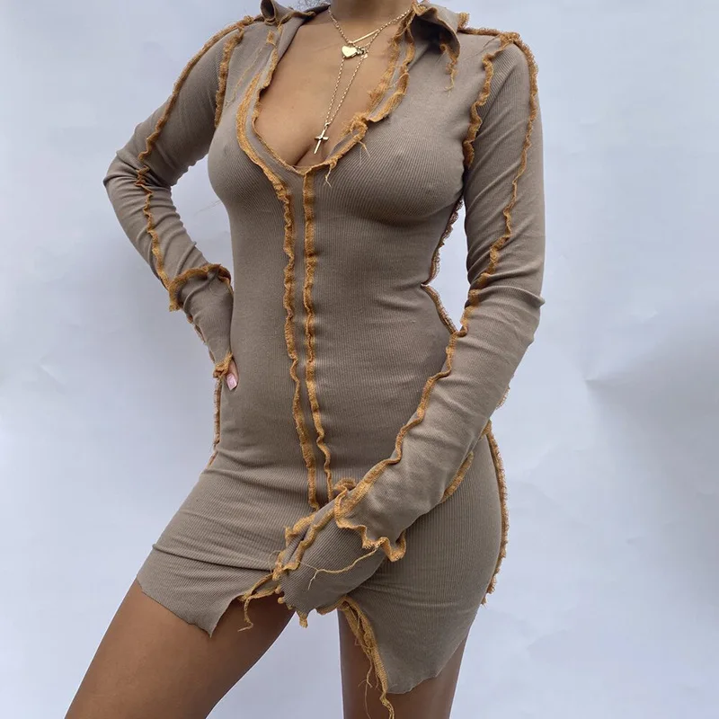 

Ecowalson Ribbed Knitted Patchwork Women Mini Dress Long Sleeve V Neck Slit Bodycon Sexy Streetwear Autumn Winter Club Casual