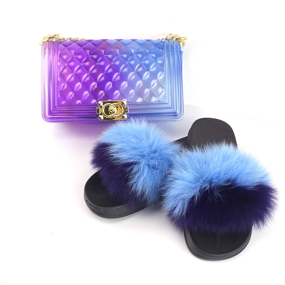

Rainbow purse wholesale fox fur slides ladies slippers and jelly bag set