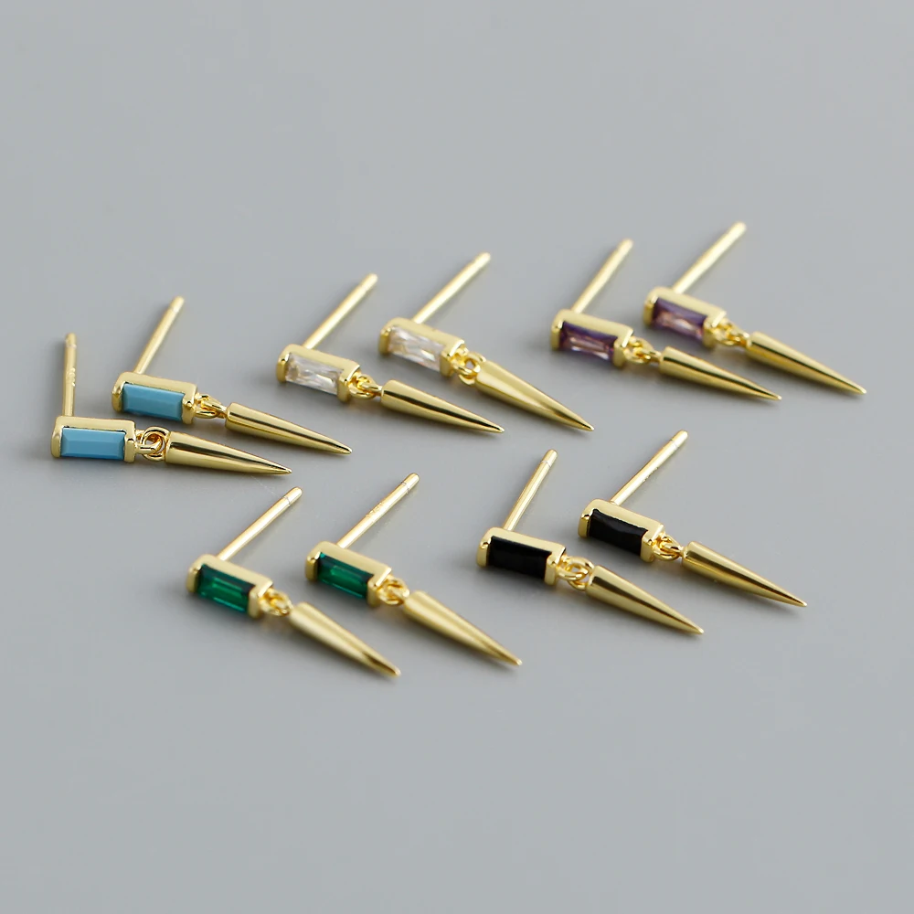 NEW Wholesale Fashion Jewelry 925 Sterling Silver square Zircon Cone Dangle Gold Plated Stud Earring Jewelry for Women