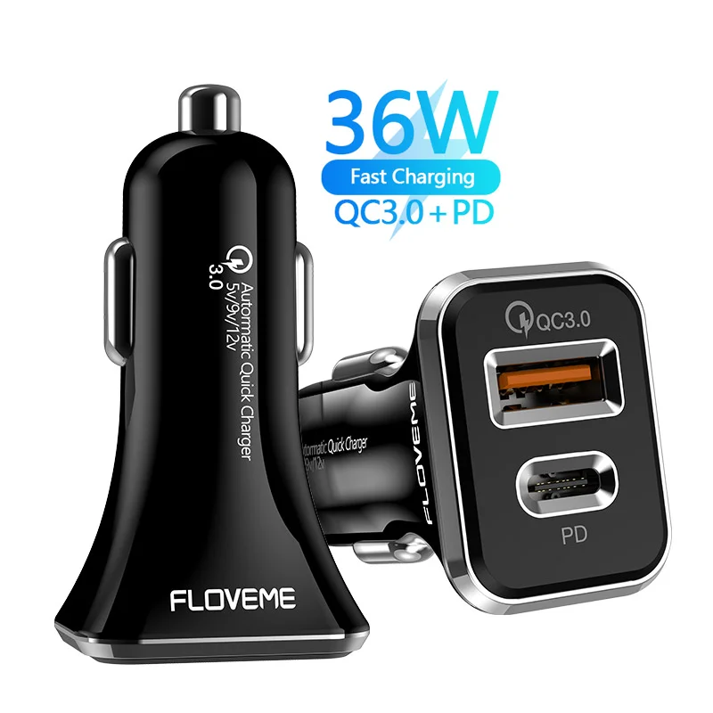 

Free Shipping 1 Sample OK FLOVEME 36W Fast Charging Dual USB Ports Car Charger QC3.0 PD Cell Phone Charger For iPhone