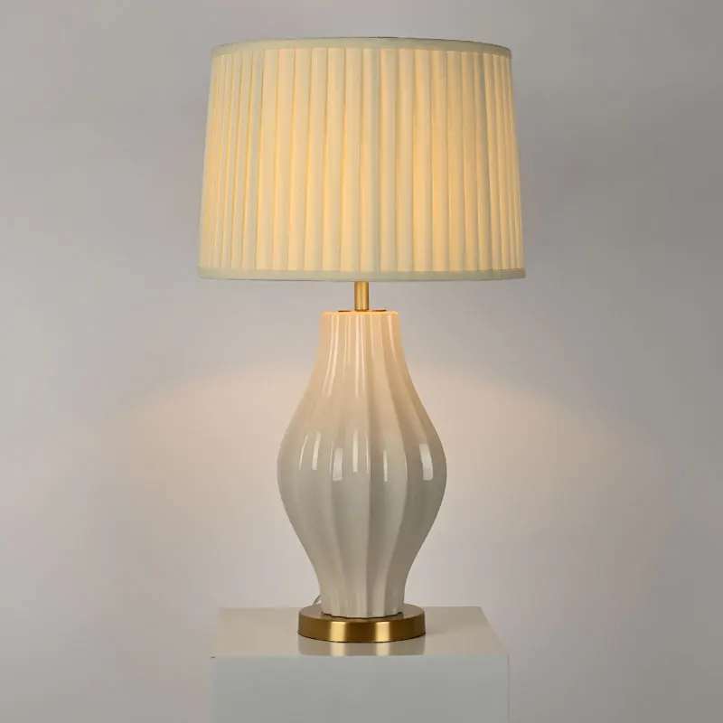 Modern Handcrafted Beige Fabric Drum Shade Ice Cracked Glaze Ceramic Table Lamp