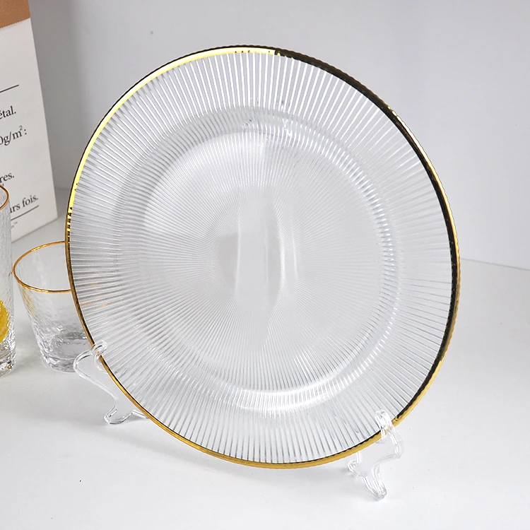 

Wholesale Amazon hot sale elegant glass charger plate with gold rim wedding chargers, Clear