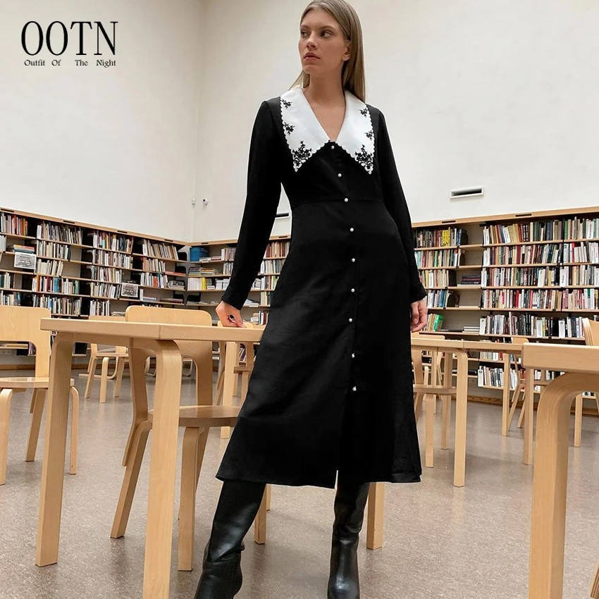 

OOTN 2020 Spring Autumn Single Breasted Khaki Long Sleeve Female Elegant A Line Ladies Midi Dress Vintage Black Women Long Dress