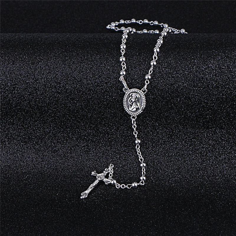 

KOMI Sparkly Jewelry Cross Pendant Necklace Glitter silver Color CCB Madonna Coin Necklaces Religious Beaded Rosary Chain