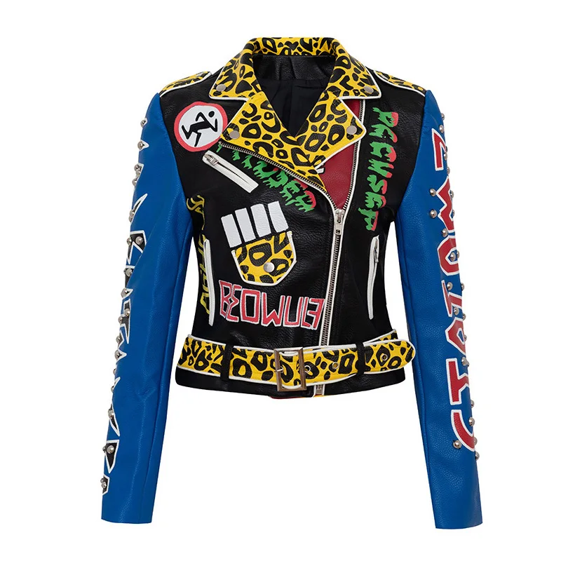 

Hot Sale Women Cool Fashion Graffiti Print Punk Style Cropped Motorcycle PU Leather Jacket, As the picture