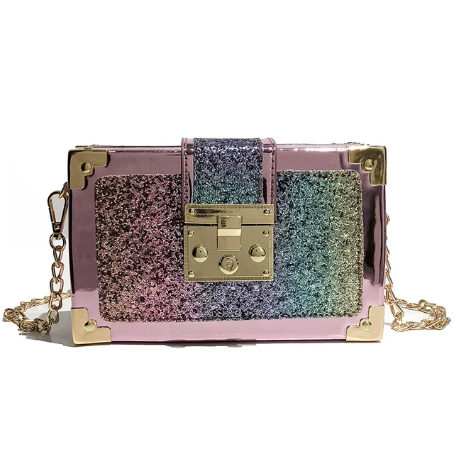 

2020 fashion bling colorful evening purse ladies shoulder crossbody box luxury clutch bags women handbags with chain, 4 colors
