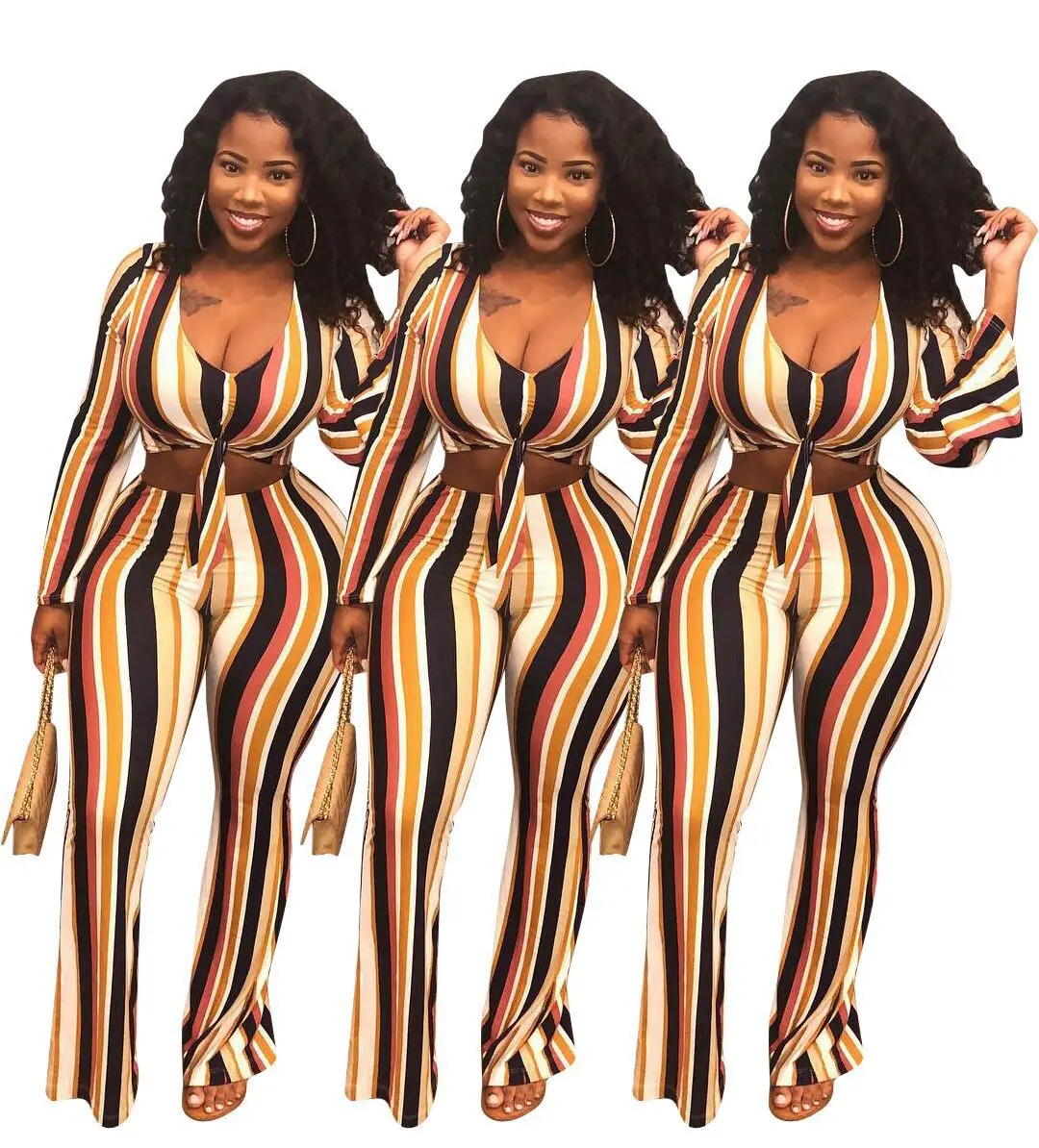 

Women fashion color stripe chest wrap revealing waist deep V-neck and long sleeves jumpsuits, Customized color