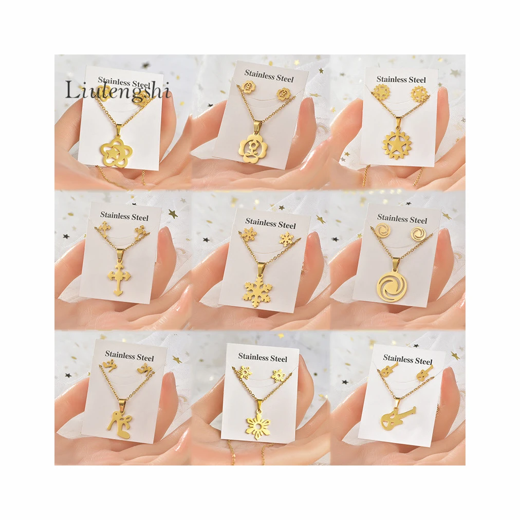 

High Quality Dubai Gold Plated Stainless Steel Jewelry Set Star Flower Snowflake Pendant Necklace Earrings Jewelry Set For Women, Gold color