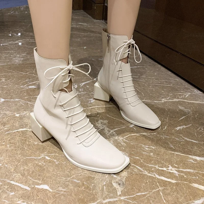 

Square Toe Pu Leather Cross Tied Hollow Thick Heels Ankle Boots Women Streetwear Causal Shoes