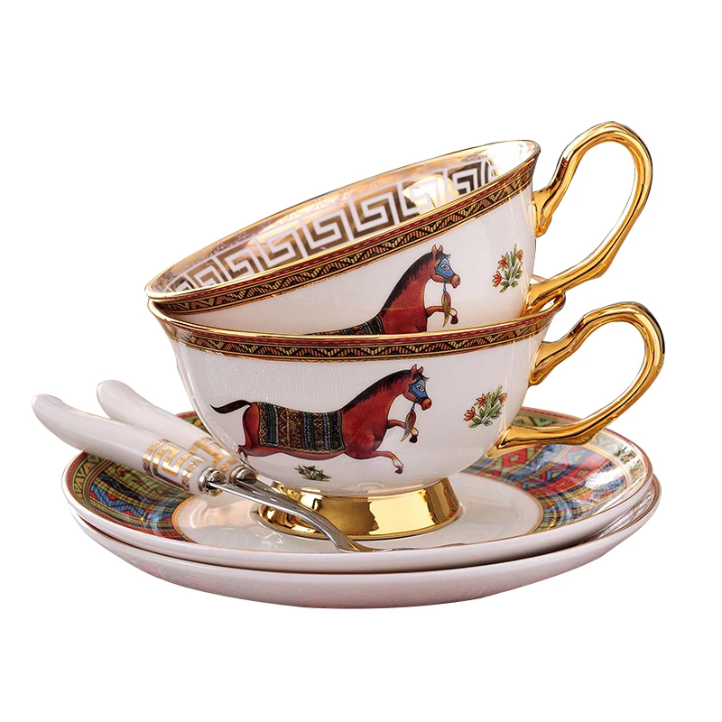 

B&S Royal gold rim bone china Coffee Cup tea cup for hotel and restaurant gold dishes plates Horse tea cup Luxury Ceramic Plate&