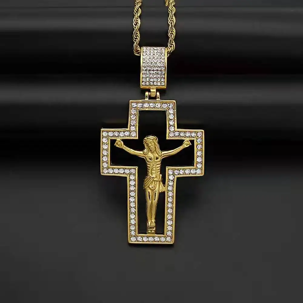 

New Religious Hollowed Out Diamond Jesus Cross Pendant Necklace For Women/Men Gold Color Stainless Steel Crucifix Necklaces