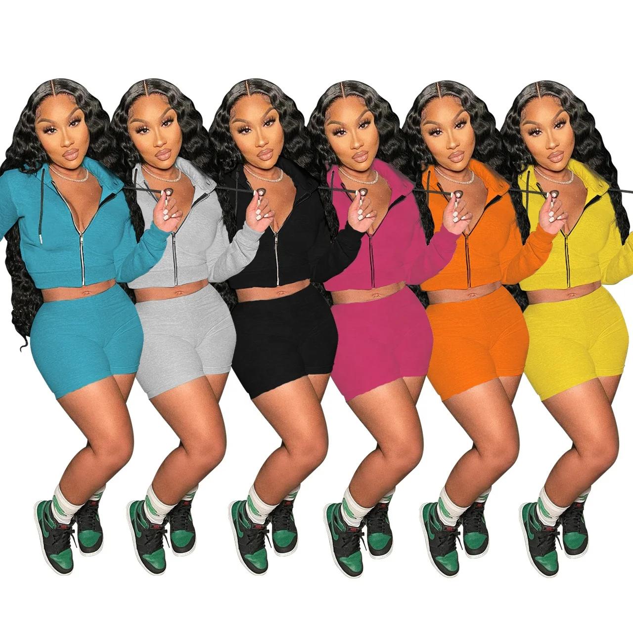 

Womens Solid Color Hoodie Jogging Shorts Set Sportswear Long Sleeve Booty Yoga Biker Two Piece Shorts And Hoodie Set