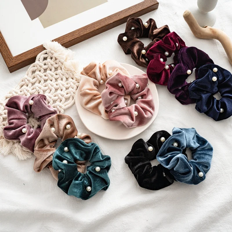 

pure color velvet scrunchies winter style women scrunchies with pearl decoration