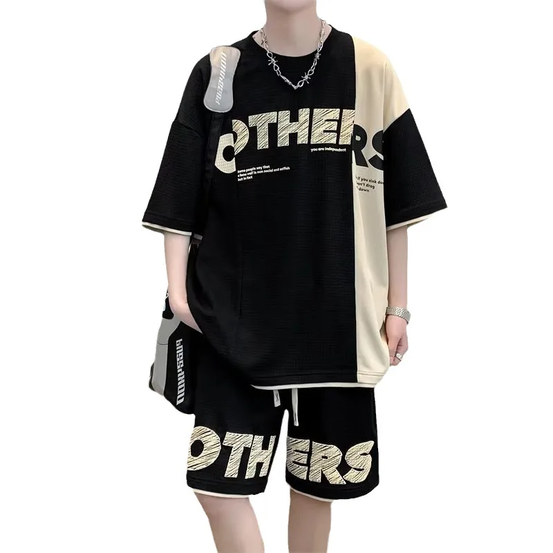 

Men's Summer 2 piece Short Sleeve T Shirt and Shorts Sports Sets With Exaggerated Letter Pattern