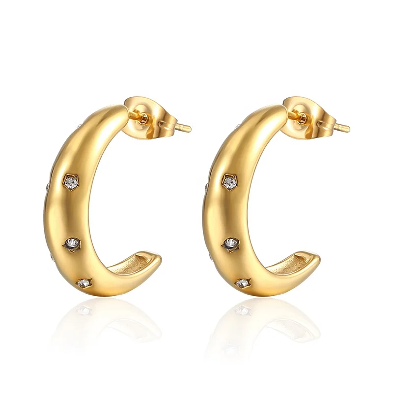 

Wholesale Stainless Steel Jewelry 18K Gold Plated C Shape Hoop Earrings With Zircon Stone