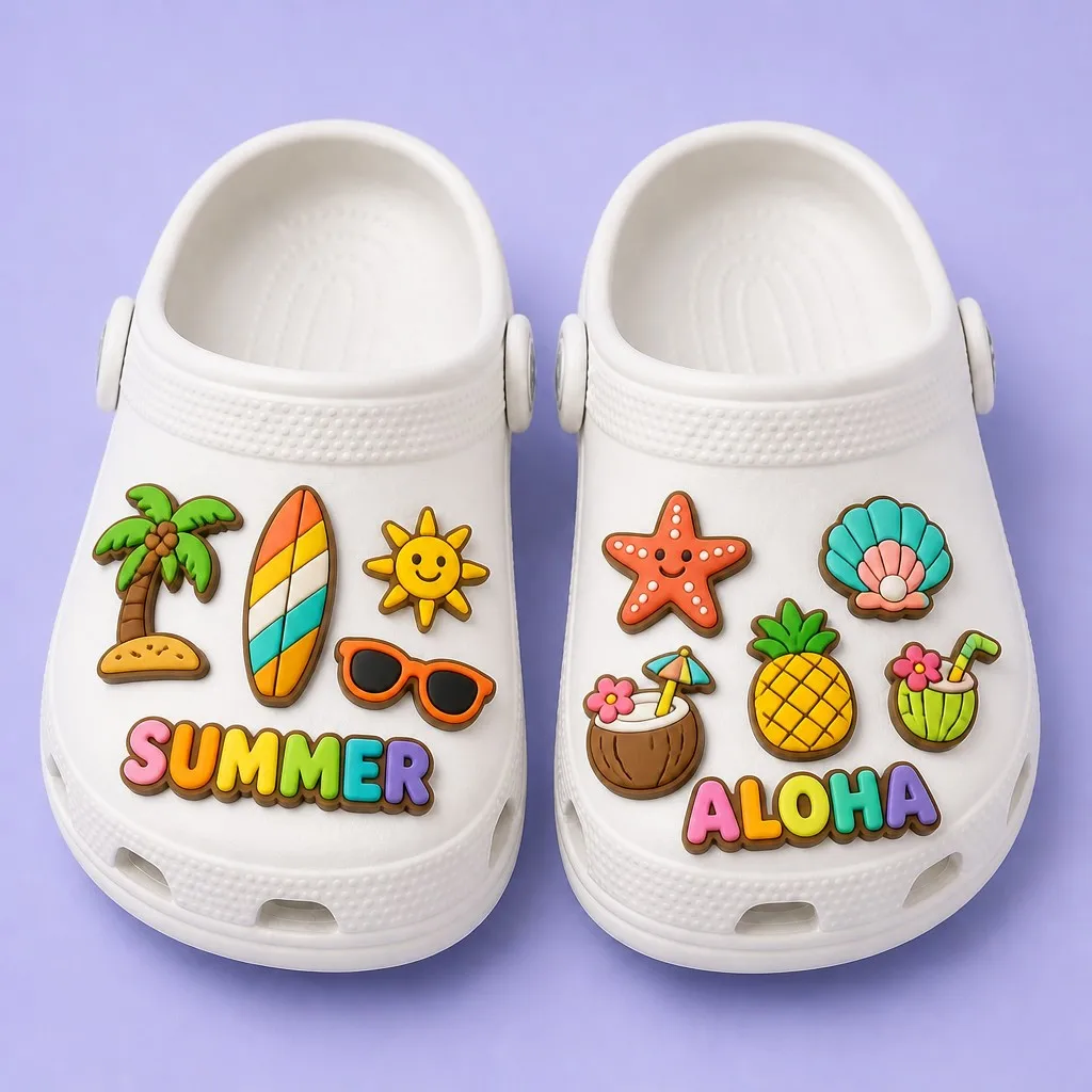 Matched pair of white clogs styled with tropical palm, surfboard, starfish, pineapple and summer word charms