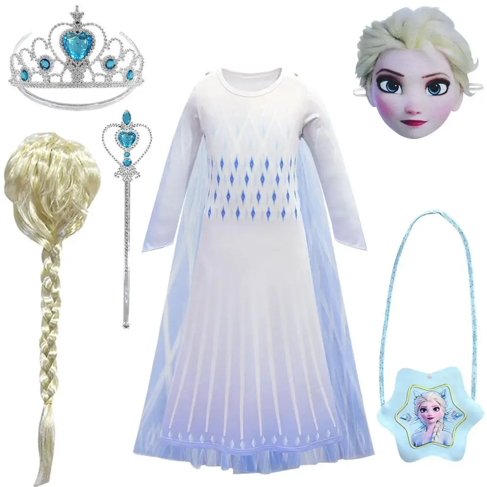 2020 New Anna Elsa 2 Girl Dress Frozen 2 Christmas Halloween Set Cosplay Elsa Birthday Party White Princess Dress Wig Mask Set