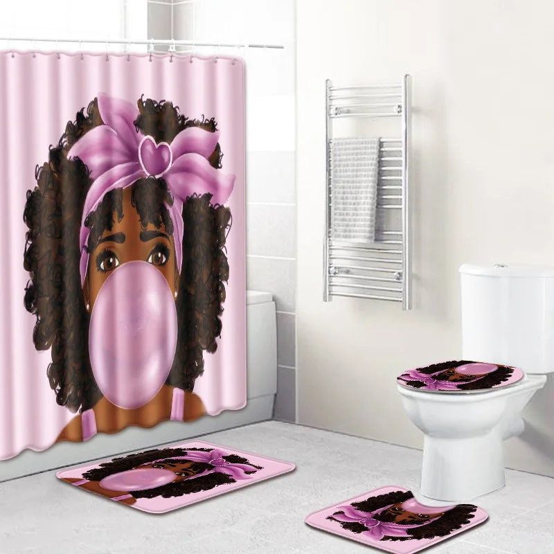 

4pcs/set African woman bathroom non-slip mat and shower curtain set home decoration, Picture