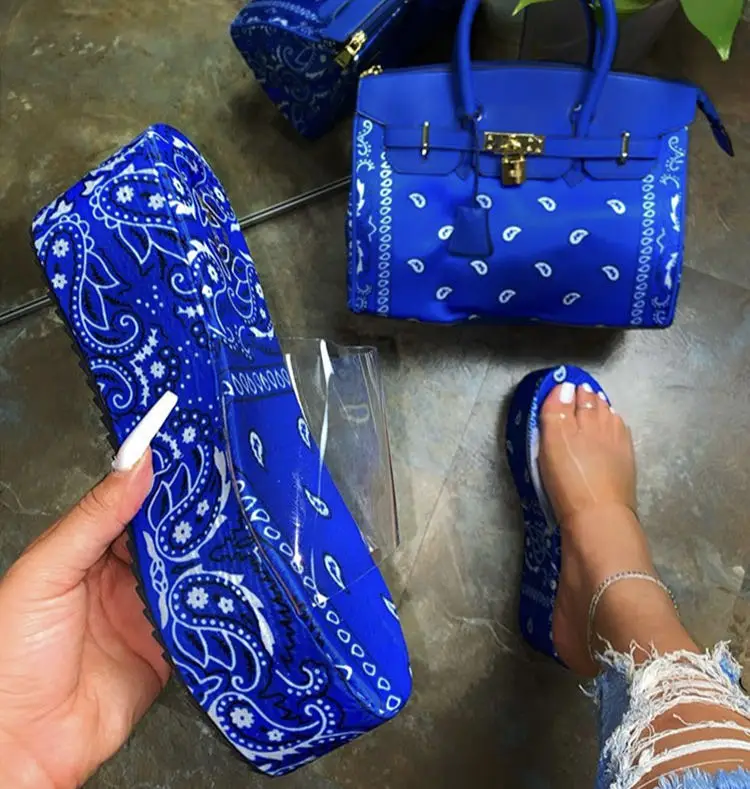

Women printed thick bottom slip on plus size slides with handbag two piece set fashion streetwear, Red blue black or customized